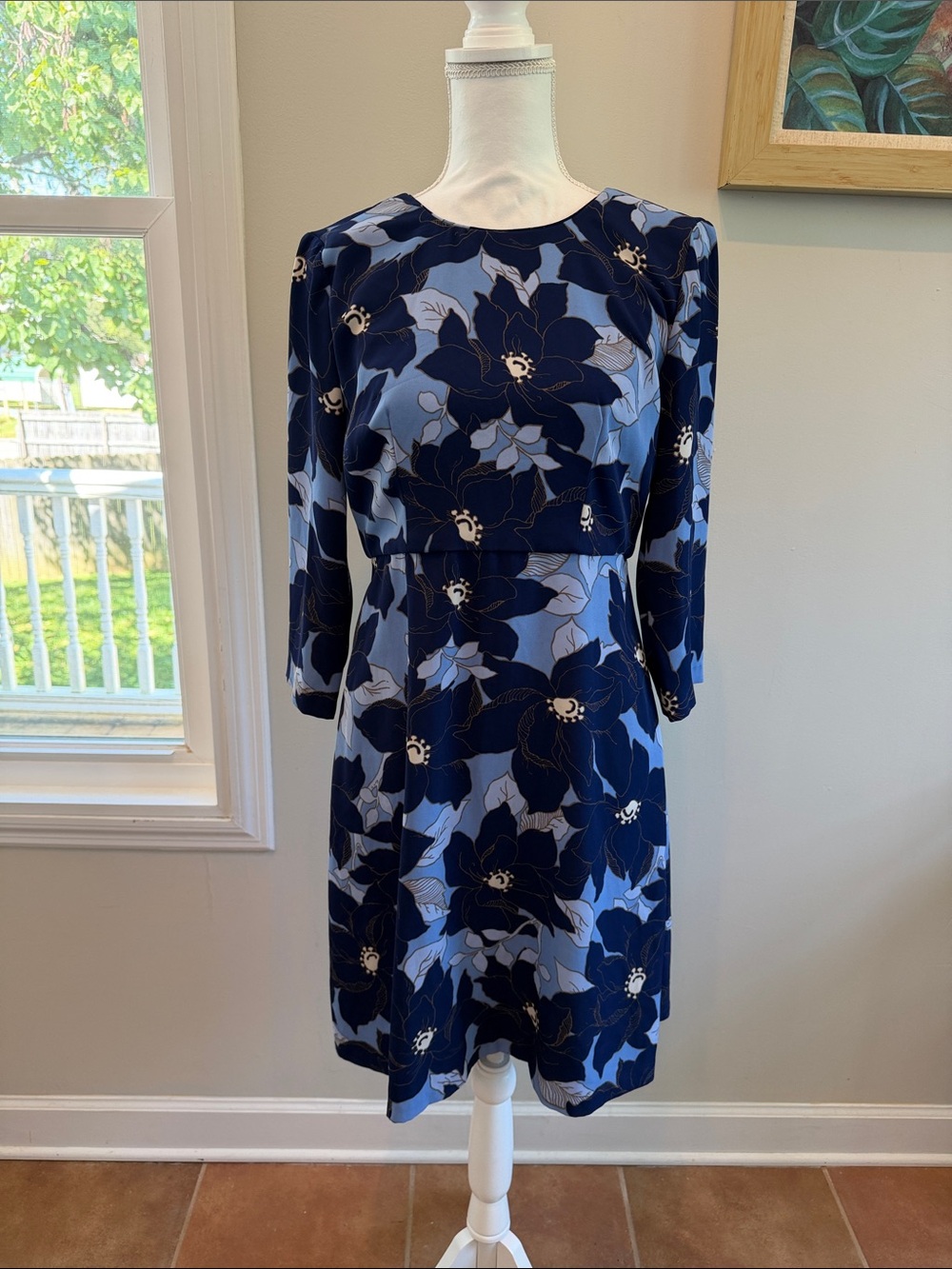 Ann Taylor Factory Navy & Light Blue Floral Long-Sleeve Dress
